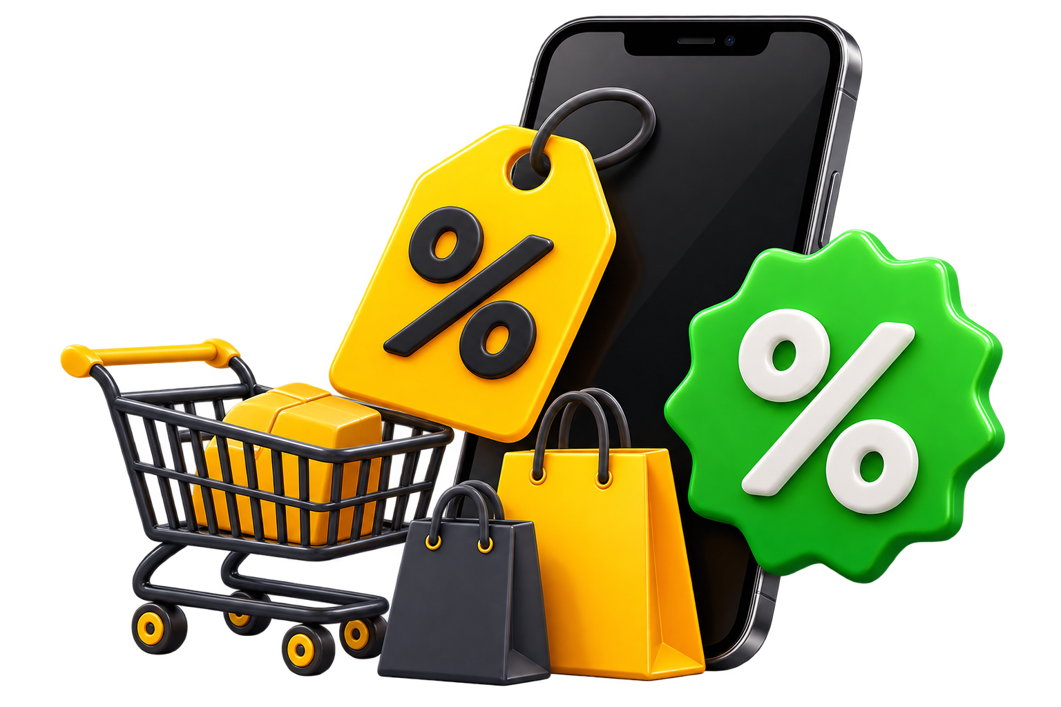 Celular, carrinho e etiquetas de descontos
